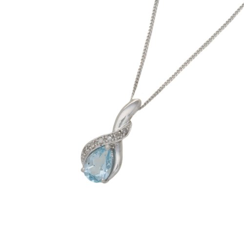 9ct White Gold 0.03 Ct Diamond/Blue Topaz Drop Pendant 18 Chain