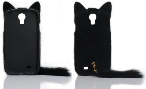 DE New Fashion Cartoon Animal Series Black With Fluffy Plush Tail Fur Ear Cat Style Plush + TPU Soft Case Cover Shell Compatible for Samsung Galaxy S4 IV i9500