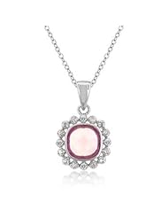 Alexander James White Gold Rhodium Bonded to .925 Sterling Silver Floral Pendant with CZ in Silvertone Chain Included