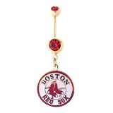 Boston Red Sox 316L Stainless Steel Belly Ring with Red Cubic Zirconia - 14G 5/8 Inch Bar Length - Sold Individually