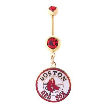 Boston Red Sox 316L Stainless Steel Belly Ring with Red Cubic Zirconia - 14G 5/8 Inch Bar Length - Sold Individually