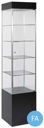 Black Square Tower Display Case with Light - Metal Framed. Features : • Overall Size: 75"h X 16"w • Four Adjustable Glass Shelves • Lock with 2 Keys Included • Case Has 1 Spot Light Built in to the Top Cap Description : The Black Square Display Tower with Light Is Just the Display Case to Allow Your Customers to Look Square in the Eye At Your Finest Merchandise to Get a Closer Look. This Tower Display Case Is As Practical As It Is Beautiful, Enhancing Any Retail Store's Display Presentation. This Case Features Four Adjustable Tempered Glass Shelves Which Provide Ample Display Space for All Sorts of Merchandise From Jewelry to Fine China. The Case Uses 1 Sealed Beam Light with a 6 Foot Extension Cord and Front Access Door. Additional Features Include Modular Anodized Aluminum Framing, Tempered Exterior Glass, and a Frameless Door with Lock and Key. Crating for Secure Shipping Is Included in the Price of the Tower Display.