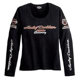 Harley Davidson Women's 105th Anniversary Long Sleeve Tee Shirt. LIMITED EDITION. 95% / 5% cotton/spandex crew neck. Large 105th Anniversary metallic printed graphic on the chest and the patches on the upper arms. Dimensional gel print sleeve graphics that ride all the way to the wrists. 96118-08VW