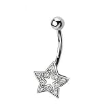14K solid white gold jewel paved star belly button ring