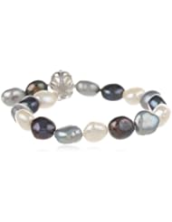 Dyed Black and Gray Free-Form Freshwater Cultured Pearl Bracelet with Sterling Silver Clasp (10-11mm), 7.75"