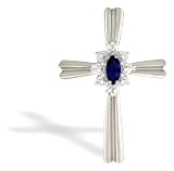 14K White Gold Marquise Created Sapphire and Diamond Cross Pendant