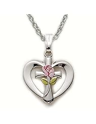 Sterling Silver Heart with Cross and Enameled Rose Womens Religious Jewelry Religious Heart Jewelry w/Chain 18" Length