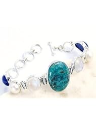 Sterling Silver Spiderweb Turquoise, Moonstone, Lapis Lazuli & Pearl Bracelet, Adjustable