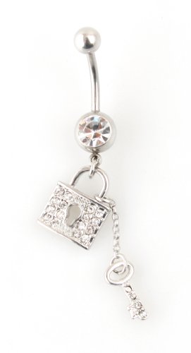 Dangling Belly Ring with Gem Stones - Lock and Key