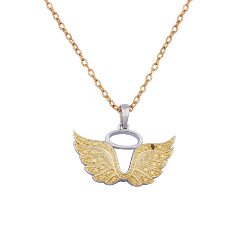 18k Yellow Gold and Rhodium Plated Sterling Silver Diamond Accent Angel Wing Pendant Necklace, 20\