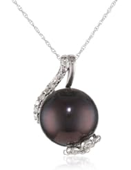 10K White Gold 12 - 12.5mm Black Freshwater Cultured Pearl and (0.1 cttw, G-H Color, I1-I2 Clarity) Diamond Pendant Necklace, 17"
