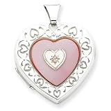 Sterling Silver MOP (Mother of Pearl) Diamond 2-frame Heart Locket with 20 inch Sterling Silver Chain