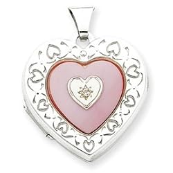 Sterling Silver MOP (Mother of Pearl) Diamond 2-frame Heart Locket with 20 inch Sterling Silver Chain