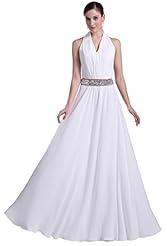 V-neck Beaded Chiffon/Taffeta Halter  Dress With a Sash 