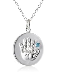 Sterling Silver Aquamarine March Birthstone Hand print Pendant Necklace , 18"