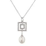 Sterling Silver Cable Chain with Double Square Pendant 18/25 cttw White Topaz, 9-9.5mm White Freshwater Cultured Drop Pearl Necklace, 17+1