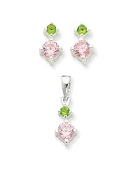 Sterling Silver Pink & Green CZ Earrings & Pendant Set
