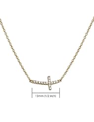 14K Yellow Gold Bended CZ Cubic Zirconia Sideways Tiny Cross (13mm or 1/2 inches) Charm Necklace with Spring-ring Clasp - 17"+1" Inches Extension
