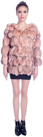 QDFUR Women's Fox Head Fur Long Coat O-Neck With 3/4 Sleeve Pieced M Pink