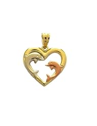 14K Solid Yellow Rose White Gold Open Heart Playful Dolphin Charm Pendant