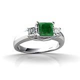 14K White Gold Genuine Square Emerald and Diamond 3-Stone Ring