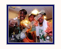 Photo File Boston Celtics Kevin Garnett, Ray Allen, & Paul Pierce 2008 Championship Trophy - Locker Room Matted Photo