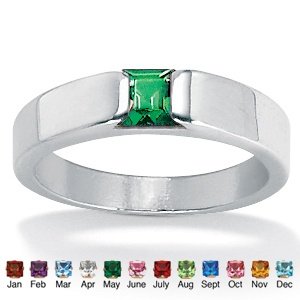 Sterling Silver Princess-Cut Birthstone Stackable Ring- May- Simulated Emerald