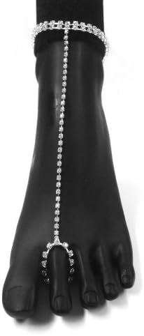 Rhinestone Elegant Sexy 2 Row with Toe Ring Slave Anklet Barefoot Sandal