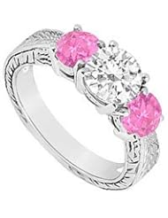 Three Stone Pink Sapphire and Diamond Ring 14K White Gold - 1.25 CT TGW