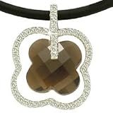 14K White Gold Flower-Shaped Pendant, Centered with a Smokey-Quartz Semi-Precious Color Stone and Enhanced with Pave Set Diamonds, Sliding on a Rubber Chain Set with a 14K White Gold Clasp.