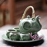 Celadon ceramic tea set, 'Trumpeting Elephants' (set for 4)