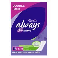 Always Dri-Liners Pantiliners, Long, Unscented, Double Pack, 80 ct.