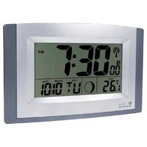 Acctim Stratus radio controlled wall clock with large LCD display showing time, calendar, indoor temperature and moonphase, EACH