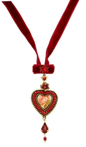 Victorian Elegance Michal Negrin Amazing Choker Designed with Roses Heart Shaped Cameo, Hand Painted Flowers, Red Swarovski Crystals and Tear Drop