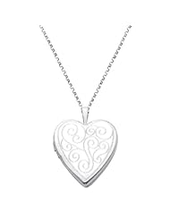 14K White Gold Engraved Heart Locket Pendant (0.8" or 20mm Height) with 1.2mm Rolo Cable Chain - 18" Inches