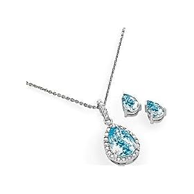 Signature Blue Topaz Teardrop Necklace Set SILVER by Signature Sterling