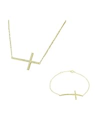 Sterling Silver Yellow Gold Womens Horizontal Cross White Crystals CZ Pendant Necklace Link Chain Bracelet Set
