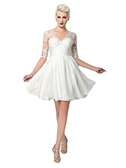 A-line V-neck Lace Chiffon Elbow Length Sleeves Empire   Waistline Knee Length Short  Dress