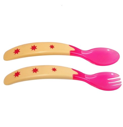 Baby Dipper Spoon and Fork Set, Pink - Ergonomic Utensils for Toddlers Learning to Self-feed