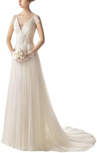 DAPENE Women's Elegant Lace V Neck Tulle Tunic A Line Beach Train Wedding Dress