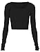 Fashion Womens Long Sleeve Crop Top Round Neck T Shirt Blouse (S, Black)