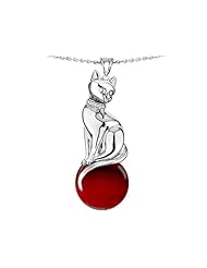 Original Star K (tm) Large Cat Pendant with 10mm Simulated Garnet Ball in 925 Sterling Silver