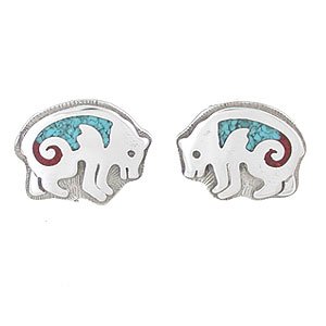 Southwestern Bear Earrings with Inlaid Turquoise and Coral in Sterling Silver, #7990