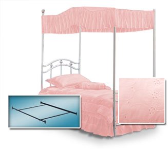 White Twin Princess Bed Frame & Canopy Frame with Fantasy Eyelet Pink Canopy Fabric Set