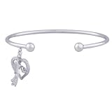 Rhodium Plated Sterling Silver Diamond Accent Heart and Star Dangle Cuff Bracelet, 7
