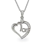 Eve's Addiction Sparkling CZ Heart Sterling Silver Mom Necklace