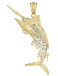 14k Gold Nautical Necklace Charm Pendant, .14 Dwt Diamond Blue Marlin, High Poli
