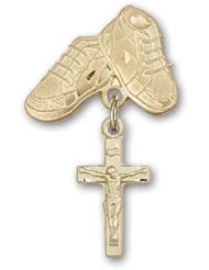 14K Gold Baby Badge with Crucifix Charm and Baby Boots Pin