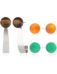 8-8.5Mm Tiger-Eye, Emerald Green Agate and Carnelian Sterling Silver Stud Earrings with Jackets