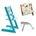 Stokke Tripp Trapp High Chair, Cushion, and Baby Rail - Turquoise with Tales Cushion